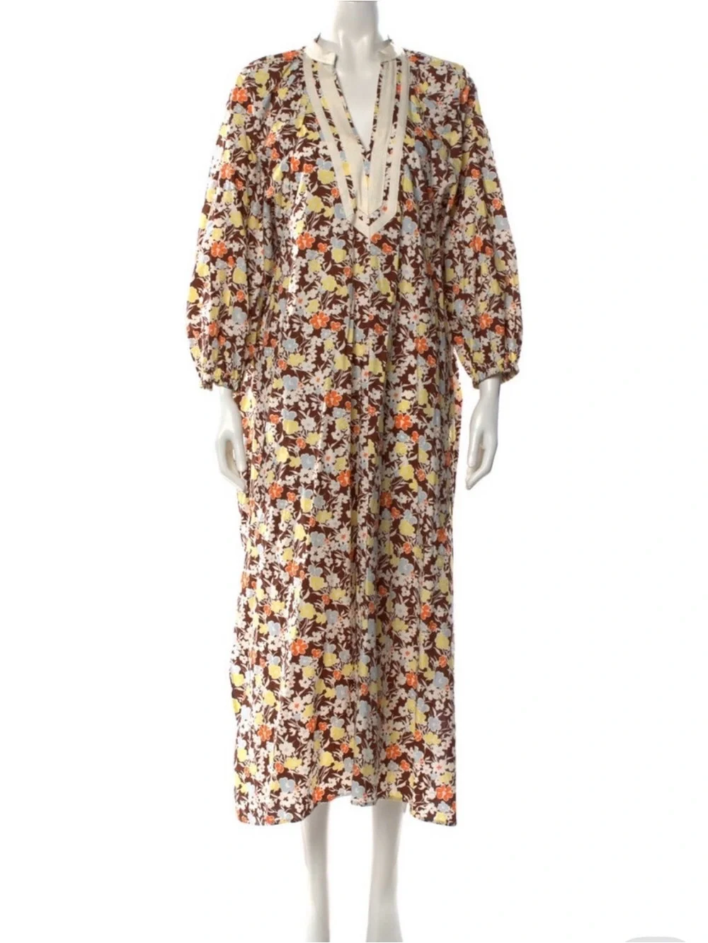 Tory Burch-Floral Long Sleeve V-Neck Maxi Dress in Multi-Color